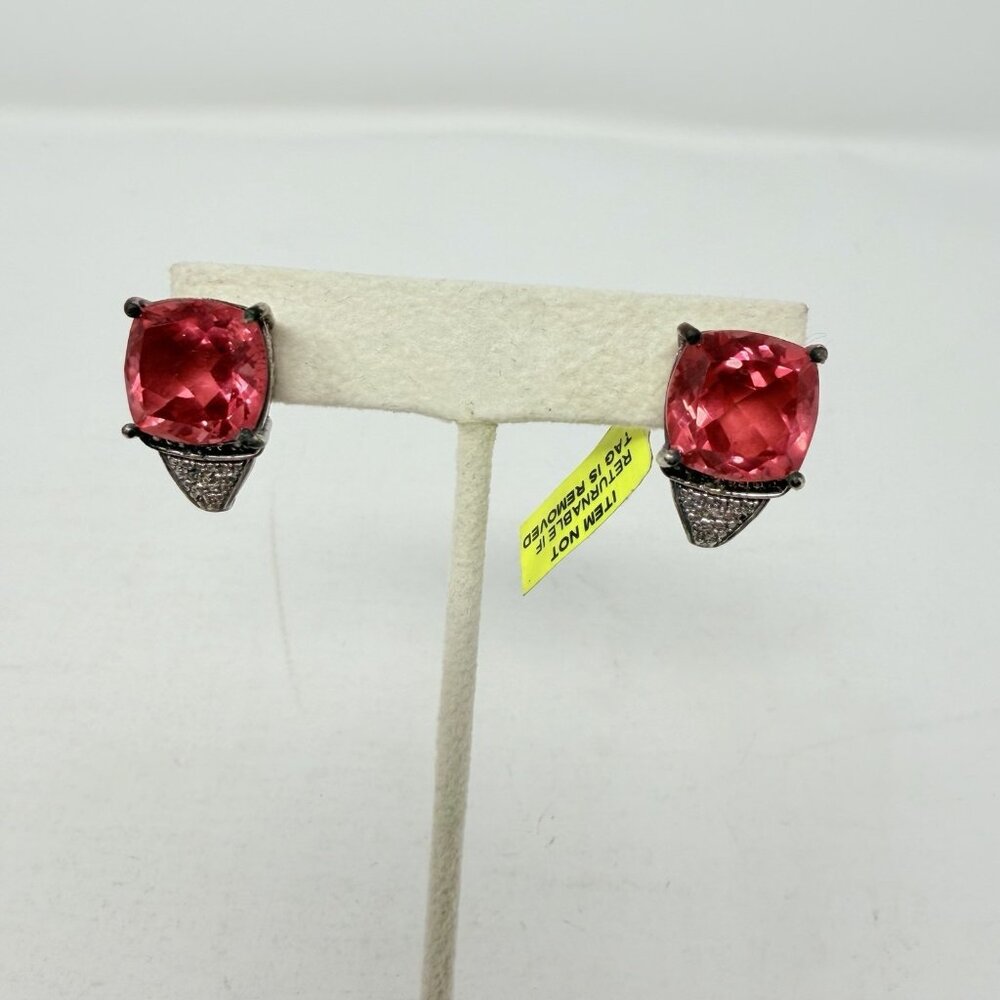 Shop LC Pink Papaya Quartz/Diamond J-Hoop Earrings in‎ Sterling Silver 5359